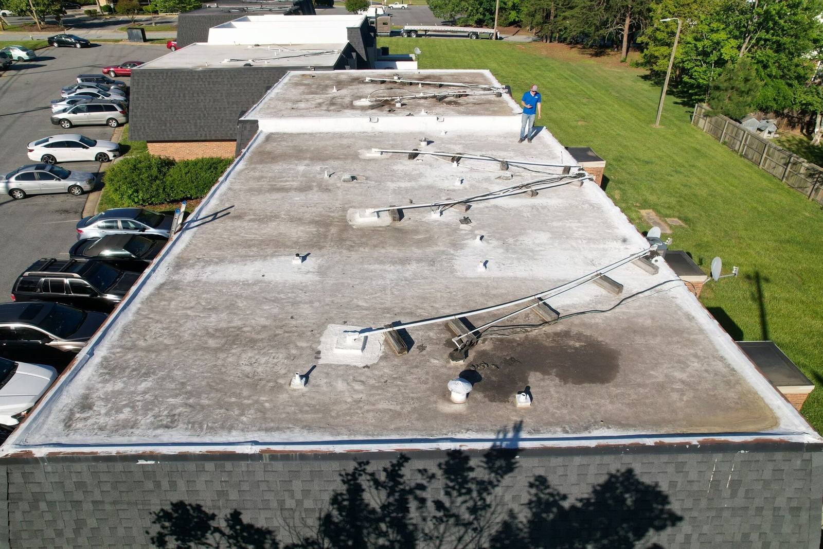 Aged, stained commercial flat roof