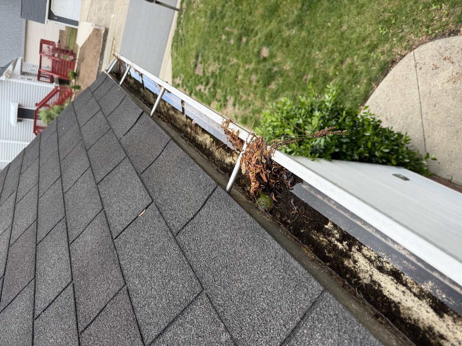 Gutter with leaves and debris along an asphalt shingle roof edge