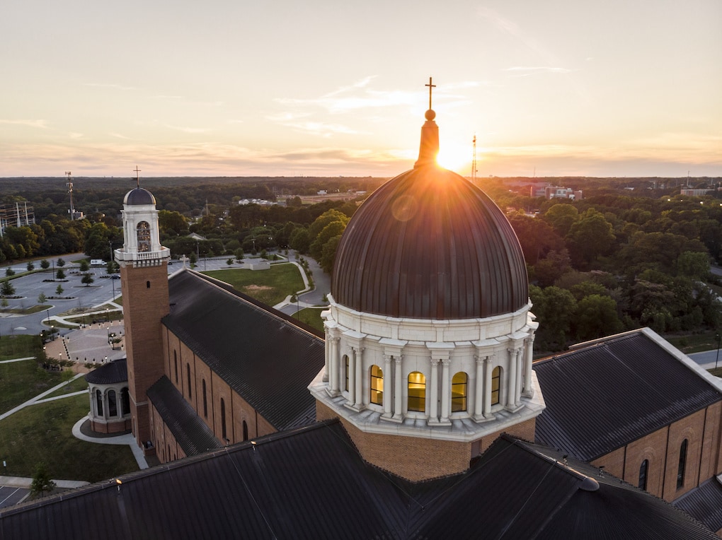 Aerial View of Cathedral in Raleigh, North Carolina, Chapel Hill history, at Sunset