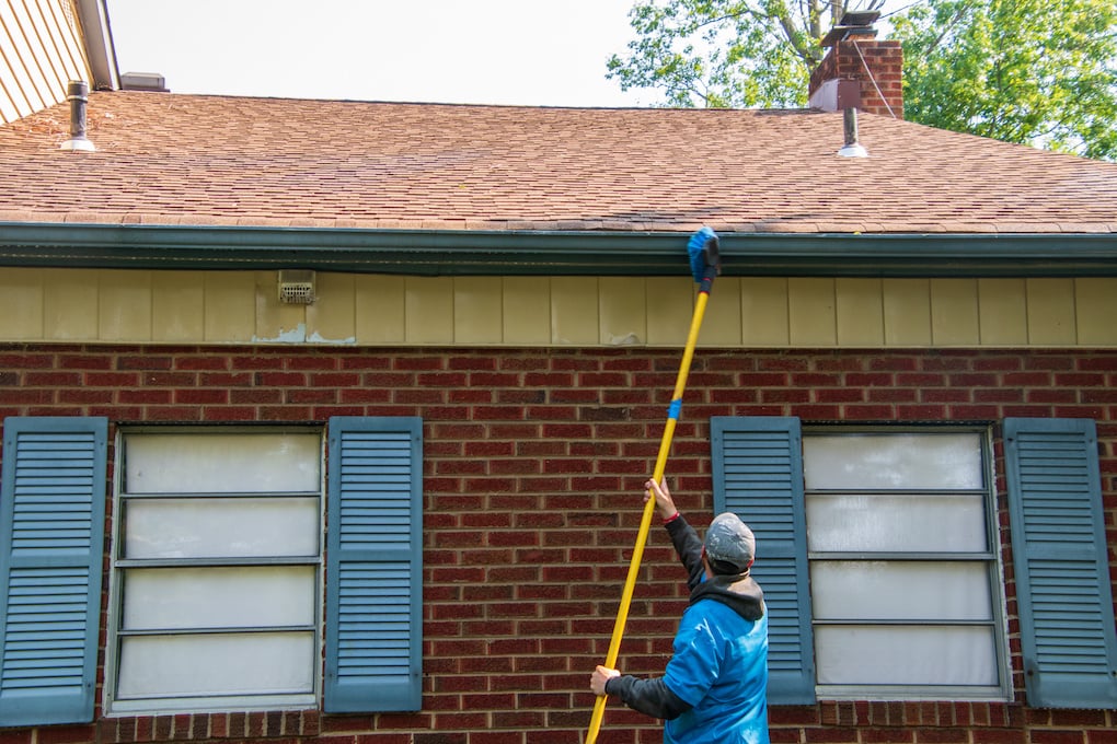 Young man on how to clean roof shingles with a brush on a long pole.