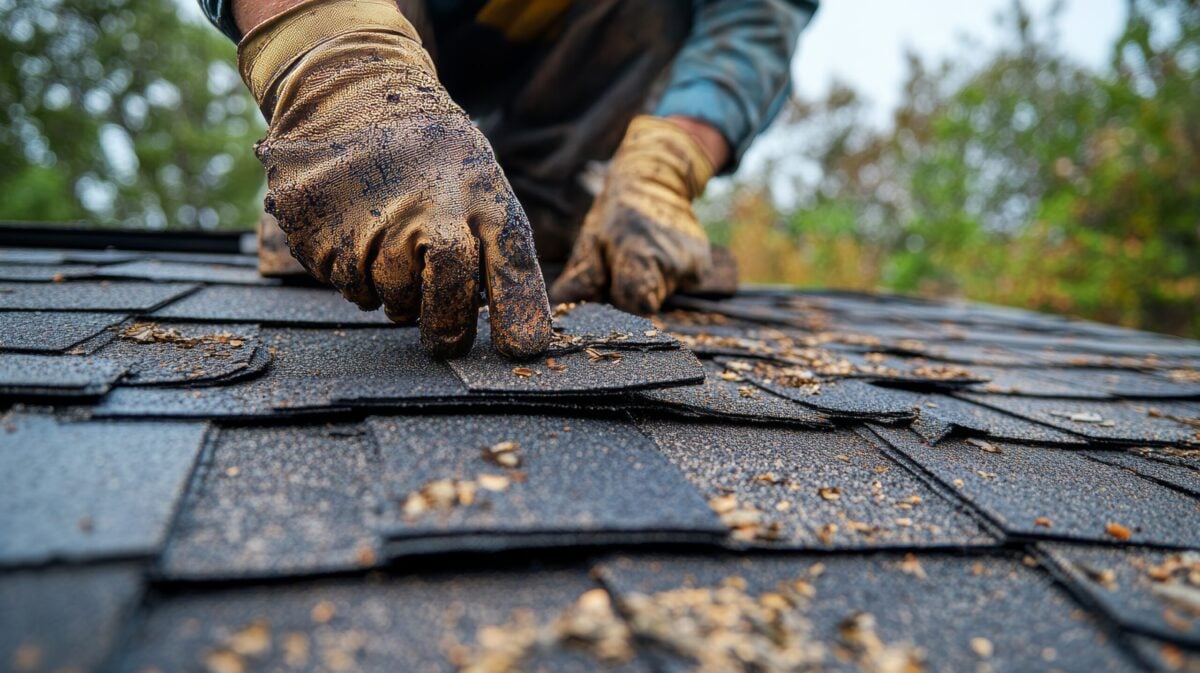 Close-up of a roofer inspecting a shingle roof, cracks and dents from hail clearly visible, with worn-out edges and granule loss shown in detail
