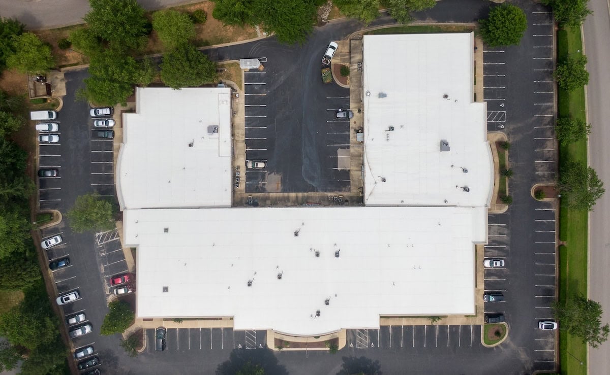Drone Images of Flat Commercial TPO Roofs: Sunny, No People, Industrial